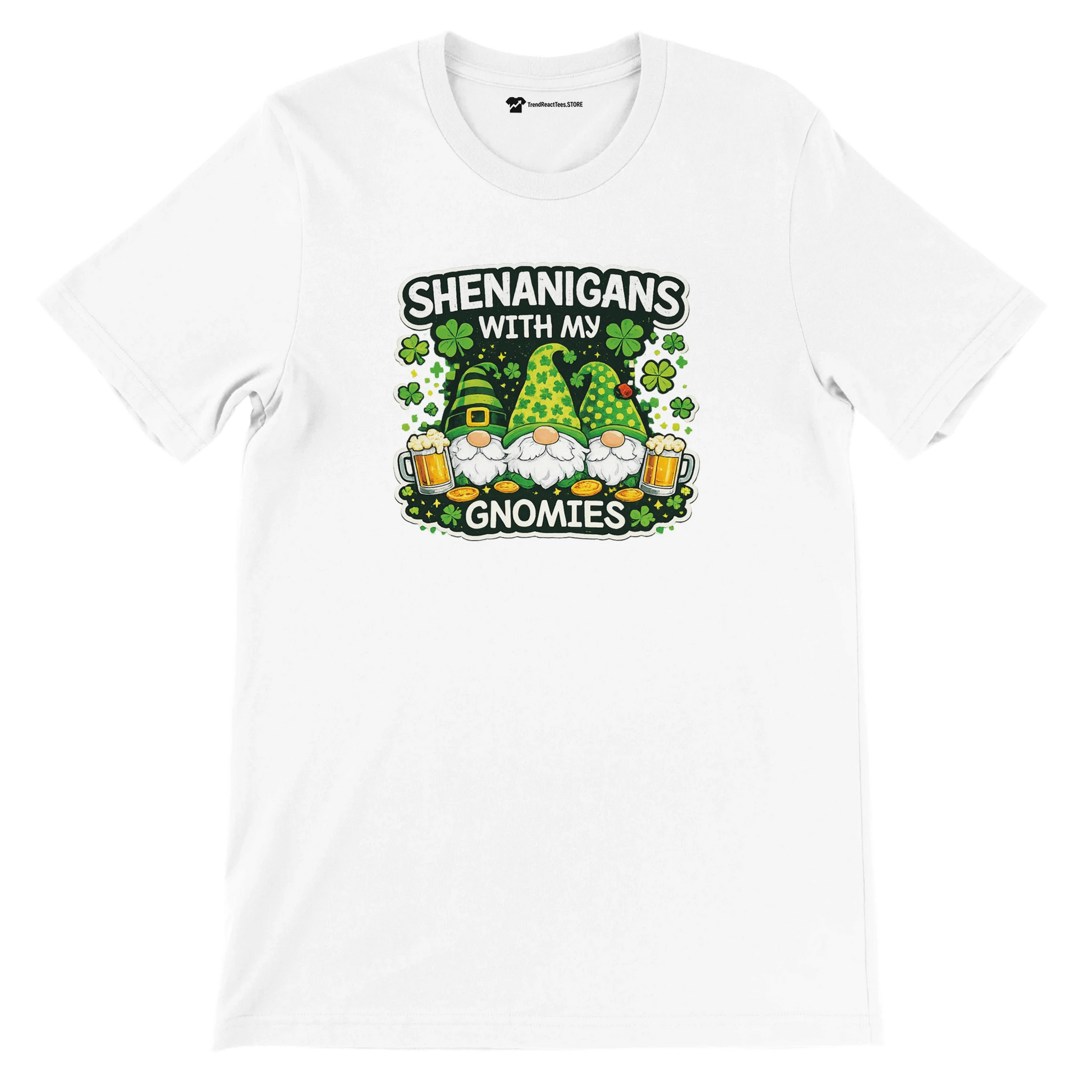 White St. Patrick's Day tee with 'Shenanigans with My Gnomies' graphic, shamrocks, gnomes, and beer mugs