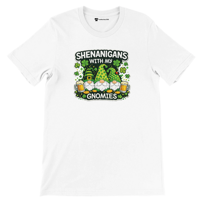White St. Patrick's Day tee with 'Shenanigans with My Gnomies' graphic, shamrocks, gnomes, and beer mugs