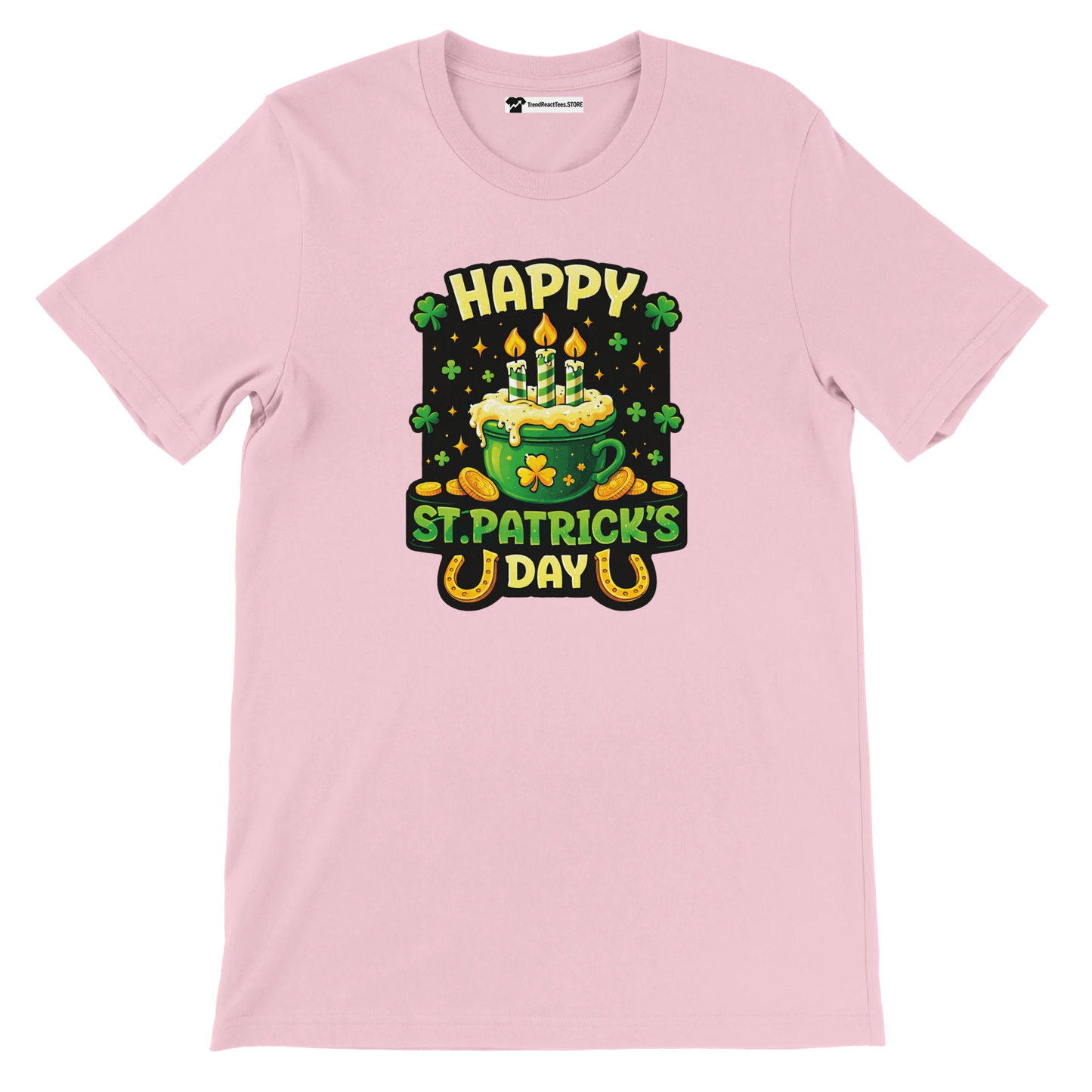 Pink St. Patrick's Day tee with green pot, candles, shamrocks, and gold coins design