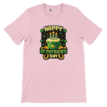 Pink St. Patrick's Day tee with green pot, candles, shamrocks, and gold coins design