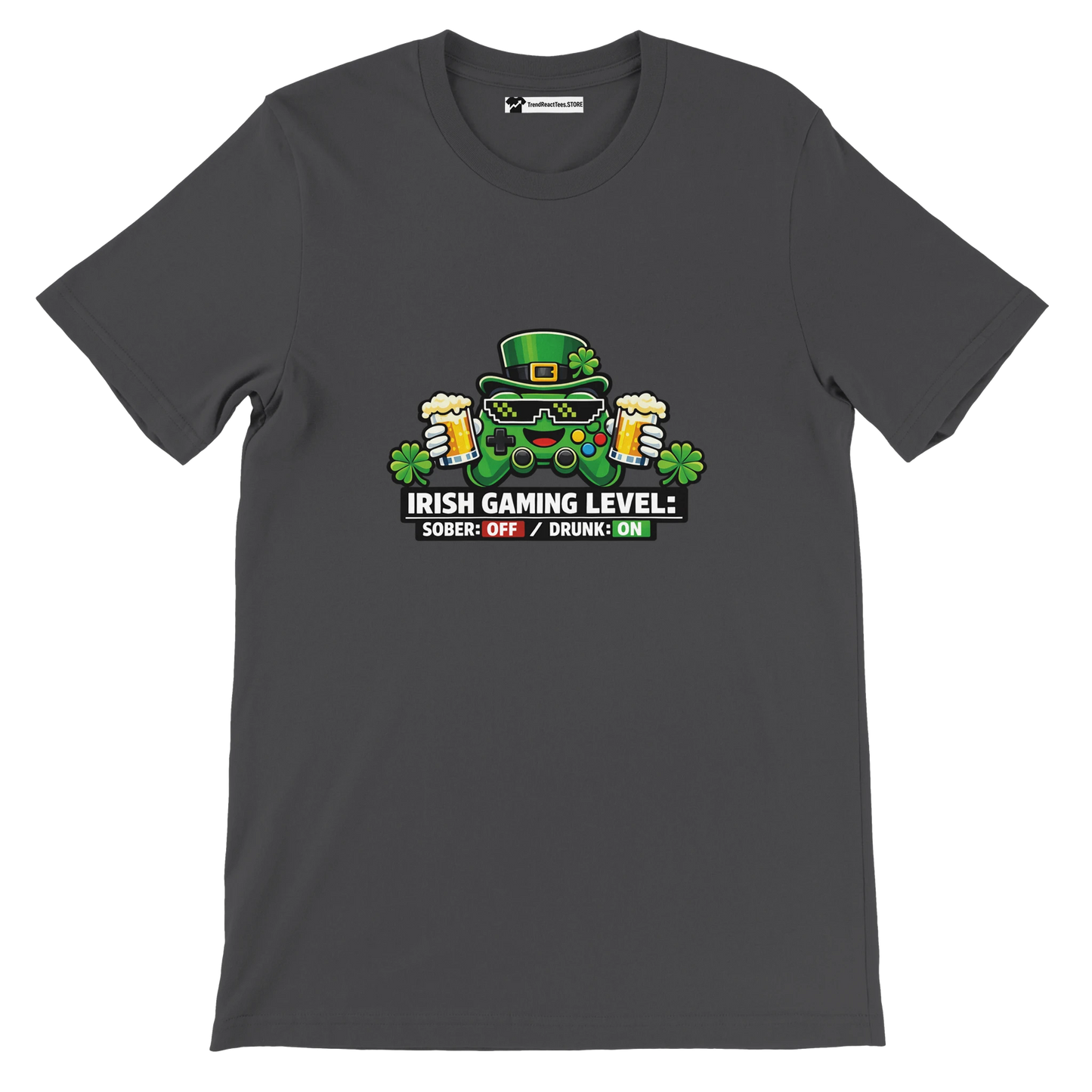 Irish Gaming Level t-shirt with controller, beer, shamrocks, and St. Patrick's Day hat for festive gamer style