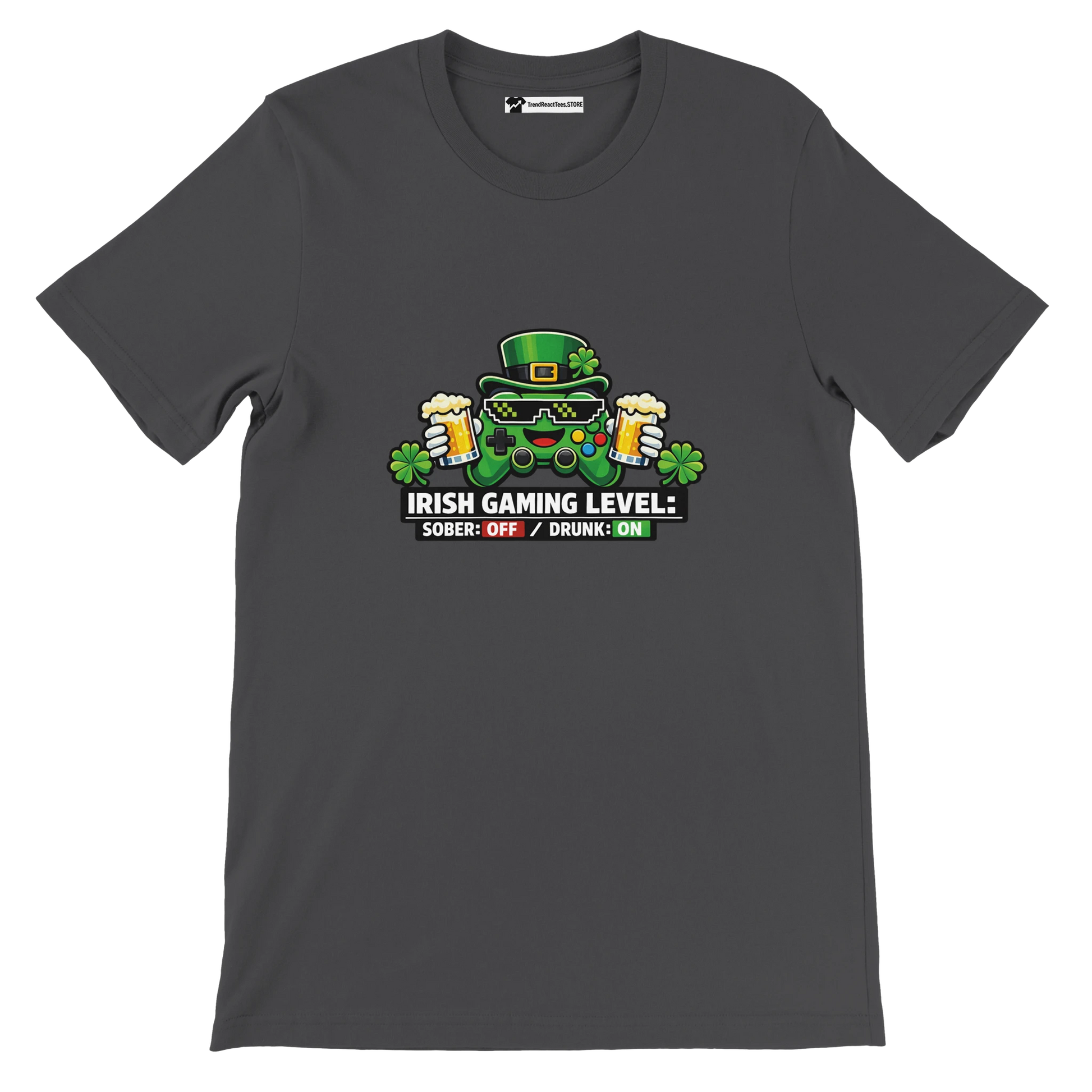 Irish Gaming Level t-shirt with controller, beer, shamrocks, and St. Patrick's Day hat for festive gamer style