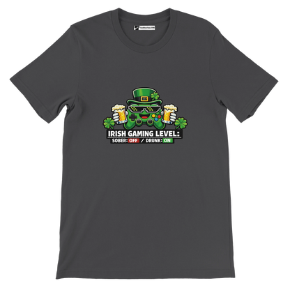 Irish Gaming Level t-shirt with controller, beer, shamrocks, and St. Patrick's Day hat for festive gamer style
