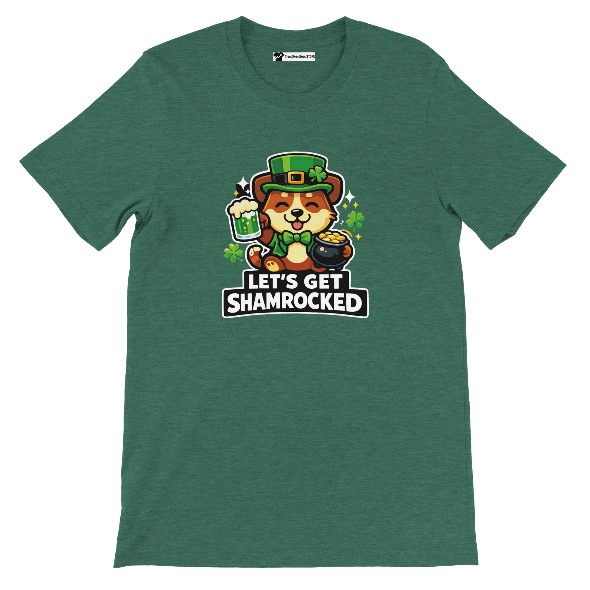 Green St. Patrick's Day t-shirt with cartoon dog, leprechaun hat, beer, shamrocks, and 'Let's Get Shamrocked' text.