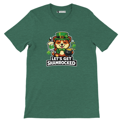 Green St. Patrick's Day t-shirt with cartoon dog, leprechaun hat, beer, shamrocks, and 'Let's Get Shamrocked' text.