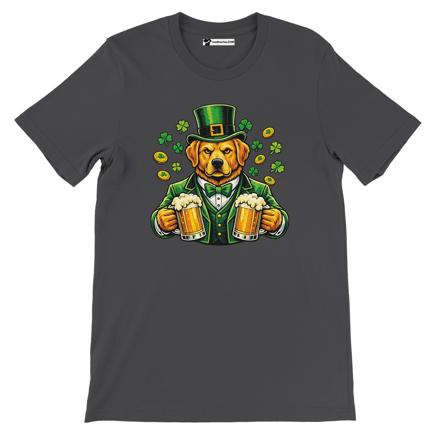 St. Patrick's Day dog in green suit holding beer mugs with shamrocks and coins
