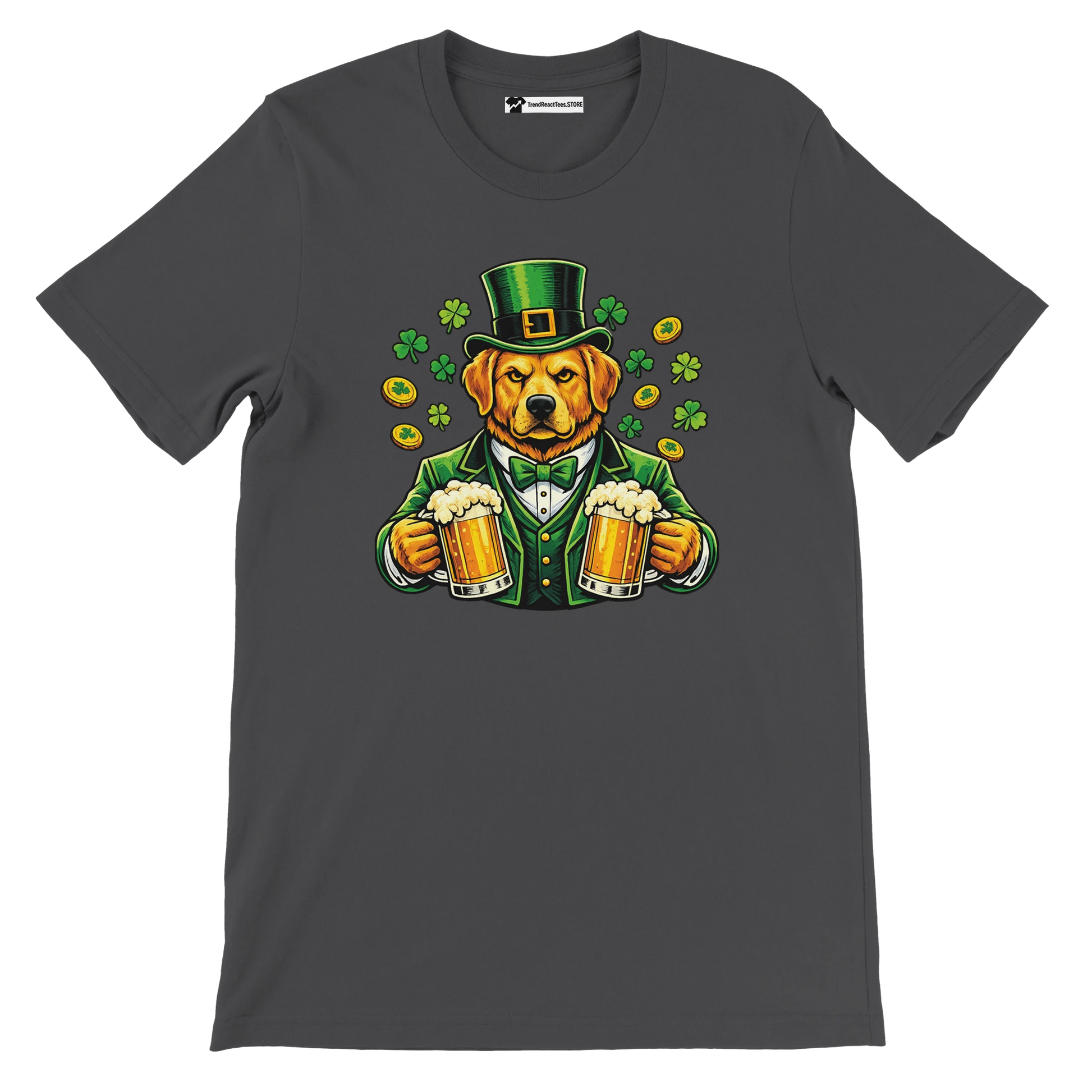 St. Patrick's Day dog in green suit holding beer mugs with shamrocks and coins