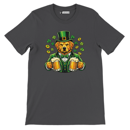 St. Patrick's Day dog in green suit holding beer mugs with shamrocks and coins