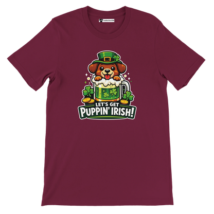 Maroon tee with cartoon dog in a leprechaun hat, beer mug, shamrocks, and 'Let's Get Puppin' Irish!' quote