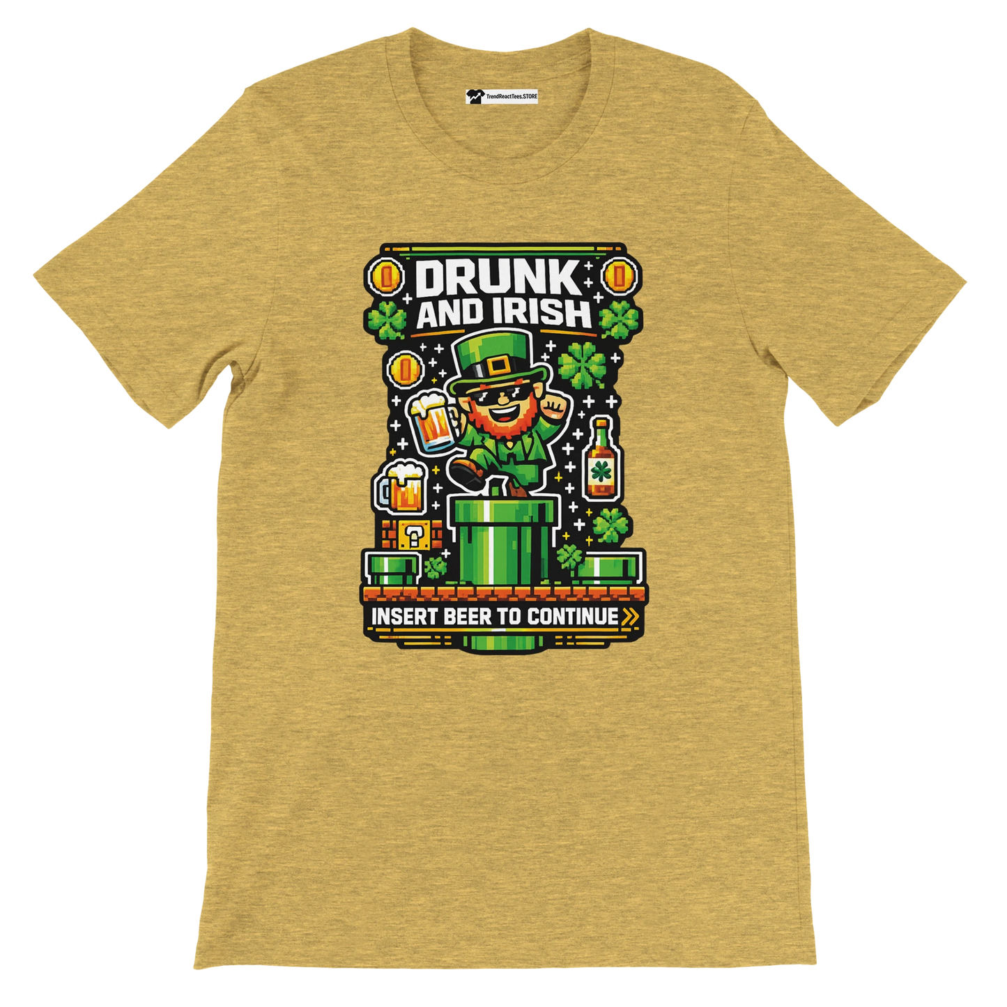 Drunk and Irish pixel art leprechaun t-shirt with beer, shamrocks, and game console design for St. Patrick's Day