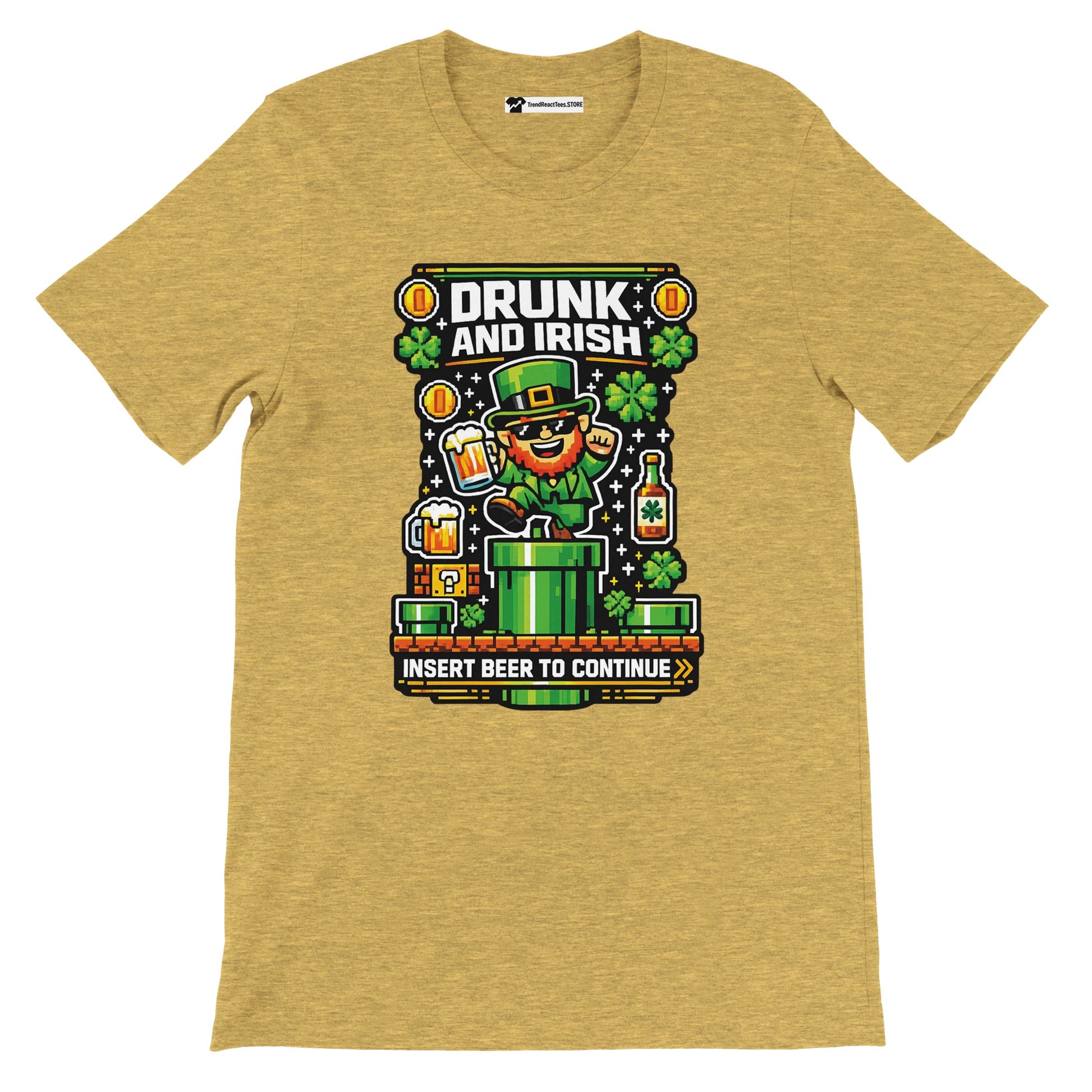 Drunk and Irish pixel art leprechaun t-shirt with beer, shamrocks, and game console design for St. Patrick's Day