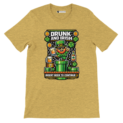 Drunk and Irish pixel art leprechaun t-shirt with beer, shamrocks, and game console design for St. Patrick's Day