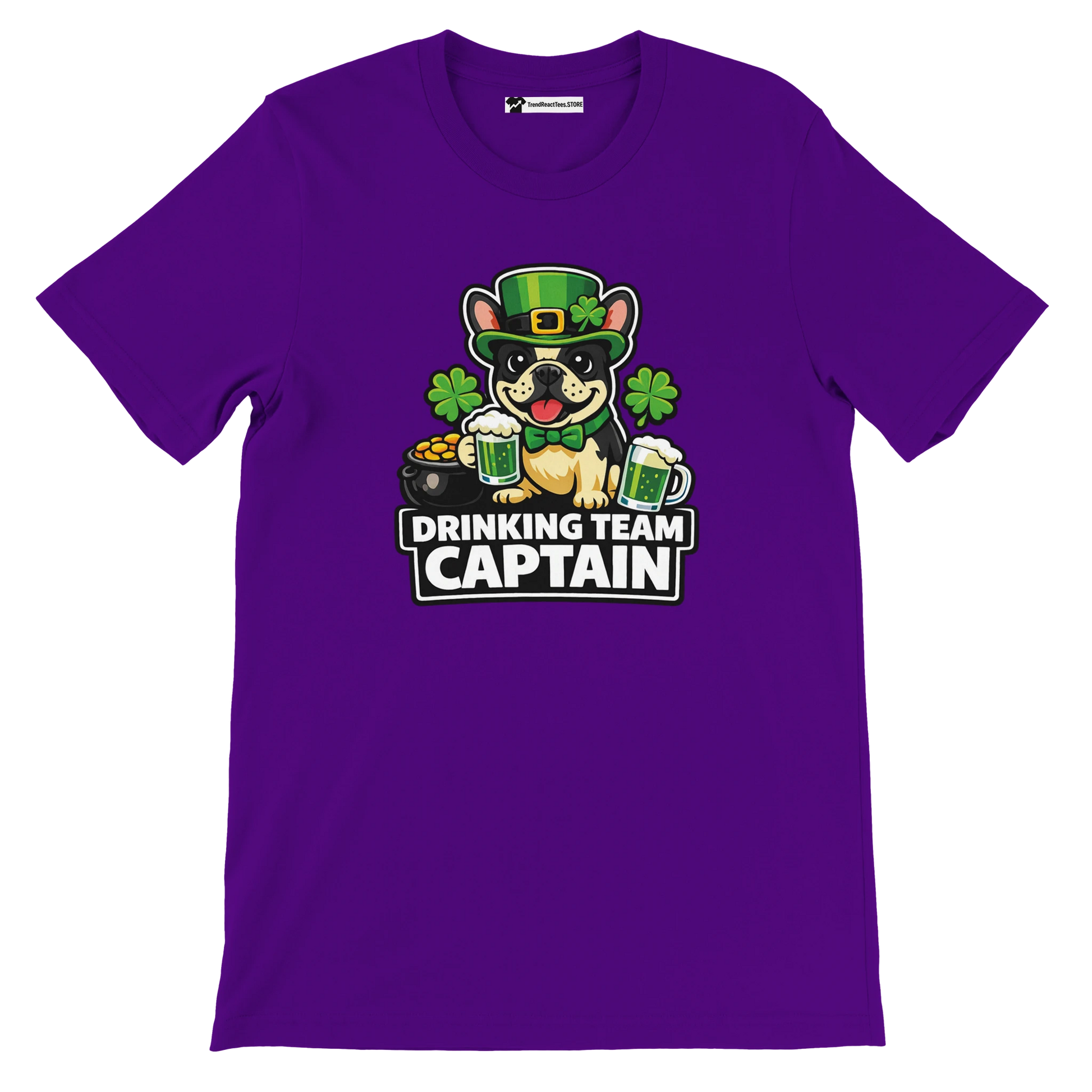 Purple St. Patrick's Day tee with cartoon bulldog in green hat, holding beer mugs, 'Drinking Team Captain' text