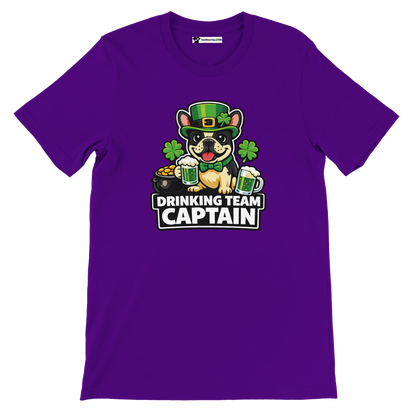 Purple St. Patrick's Day tee with cartoon bulldog in green hat, holding beer mugs, 'Drinking Team Captain' text