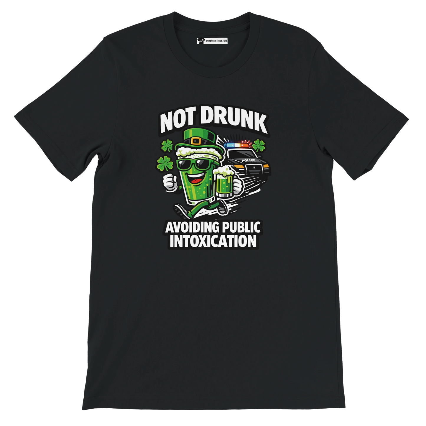 Black t-shirt with cartoon beer mug, shamrocks, police car, and funny St. Patrick's Day quote