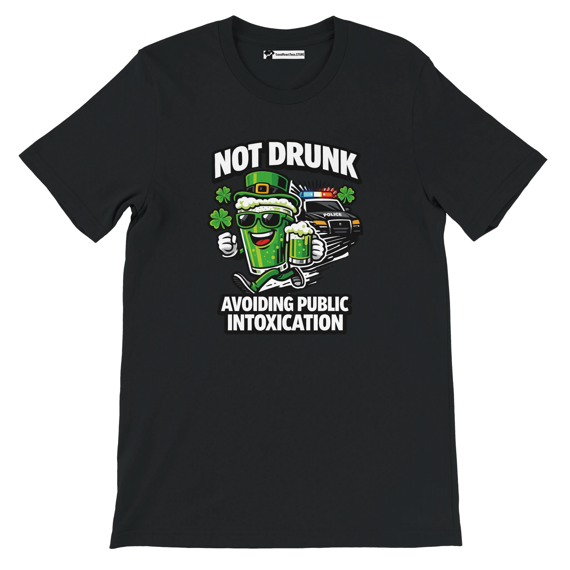 Black t-shirt with cartoon beer mug, shamrocks, police car, and funny St. Patrick's Day quote