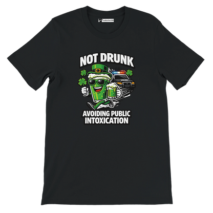Black t-shirt with cartoon beer mug, shamrocks, police car, and funny St. Patrick's Day quote