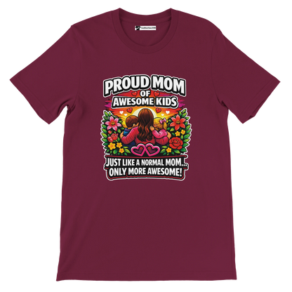Maroon t-shirt with 'Proud Mom of Awesome Kids' quote, vibrant floral design, anime style.