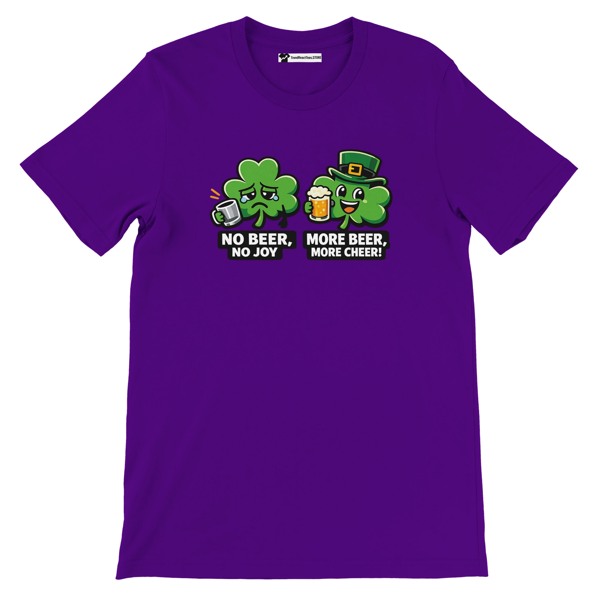 Purple t-shirt with two cartoon shamrocks, beer mugs, and St. Patrick's Day quotes