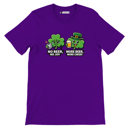 Purple t-shirt with two cartoon shamrocks, beer mugs, and St. Patrick's Day quotes