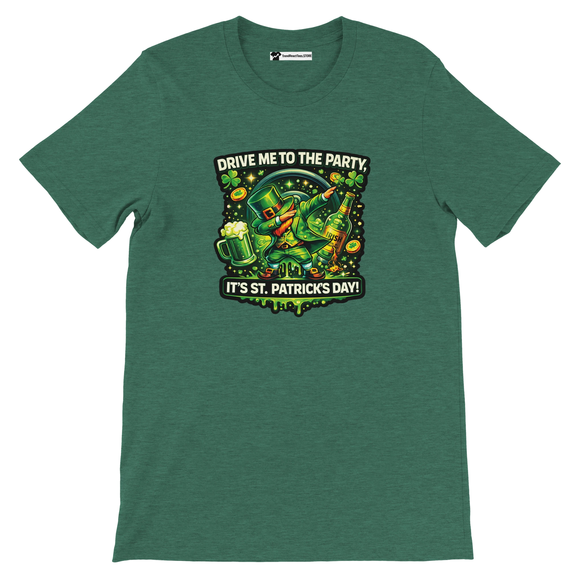 Green St. Patrick's Day tee with dabbing leprechaun, beer, shamrocks, and 'Drive Me to the Party' text