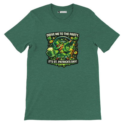 Green St. Patrick's Day tee with dabbing leprechaun, beer, shamrocks, and 'Drive Me to the Party' text