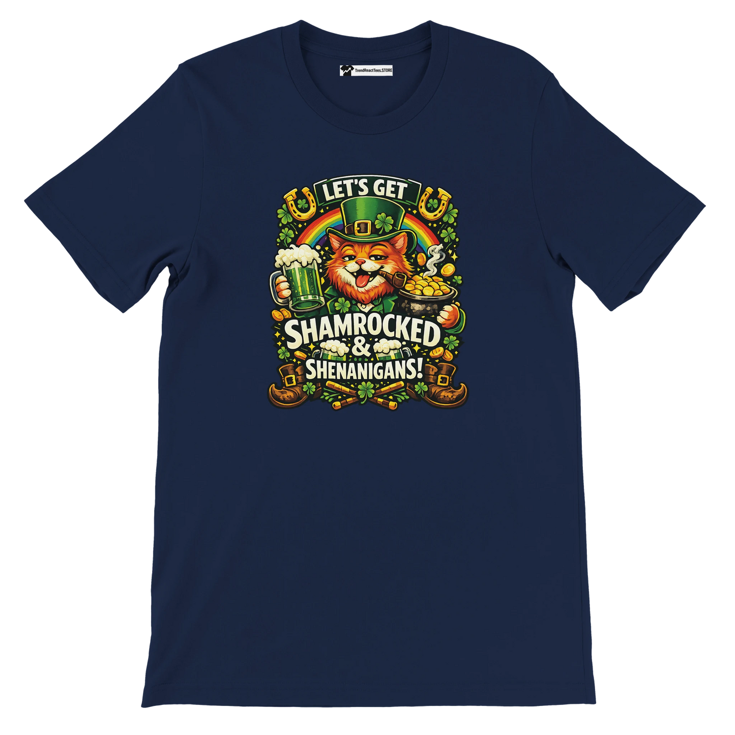 Navy blue t-shirt with a festive cat leprechaun, shamrocks, beer, gold coins and 'Let's Get Shamrocked & Shenanigans' quote, St. Patrick's Day theme.