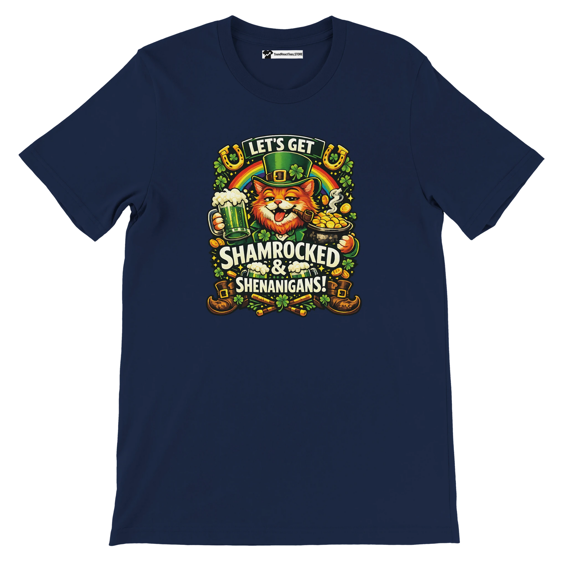 Navy blue t-shirt with a festive cat leprechaun, shamrocks, beer, gold coins and 'Let's Get Shamrocked & Shenanigans' quote, St. Patrick's Day theme.