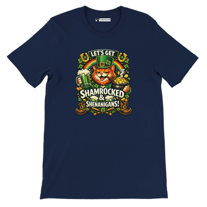 Navy blue t-shirt with a festive cat leprechaun, shamrocks, beer, gold coins and 'Let's Get Shamrocked & Shenanigans' quote, St. Patrick's Day theme.