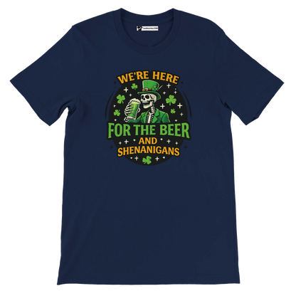 Navy blue t-shirt with skeleton leprechaun, beer mug, clovers, and 'We're here for the beer and shenanigans' St. Patrick's Day design.