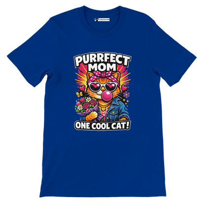 Blue tee with cartoon cat in sunglasses, flowers, and text 'Purrfect Mom One Cool Cat'