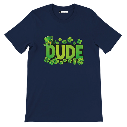 Navy t-shirt with green 'DUDE' text, shamrocks, and leprechaun hat, St. Patrick's Day design