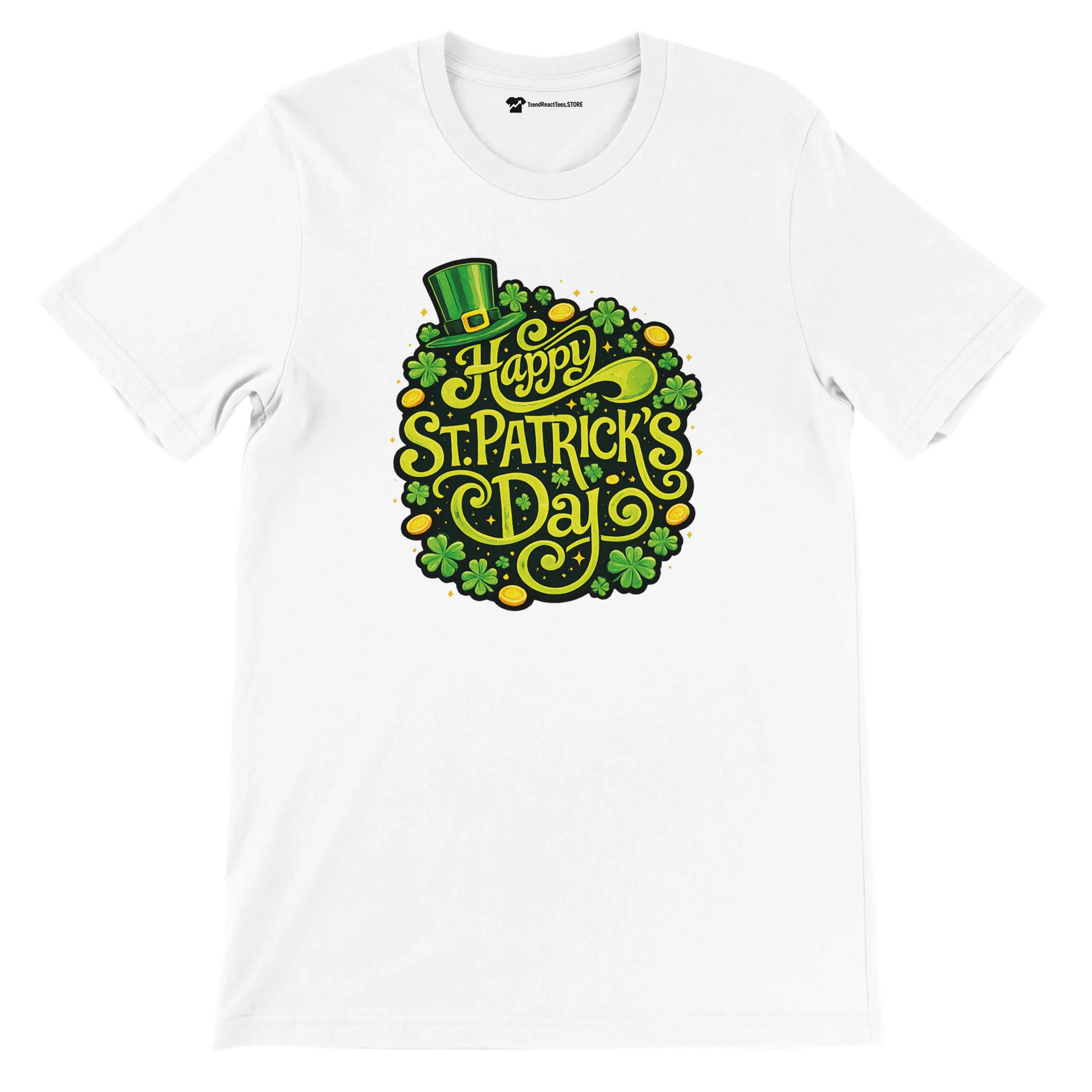White t-shirt with 'Happy St. Patrick's Day' design, shamrocks, gold coins, and a green hat.