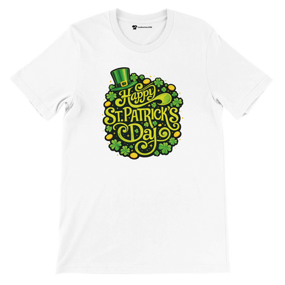 White t-shirt with 'Happy St. Patrick's Day' design, shamrocks, gold coins, and a green hat.