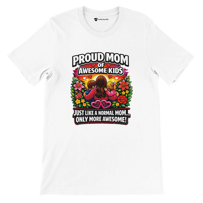 White t-shirt with colorful graphic of a mom and kids, floral design, and 'Proud Mom of Awesome Kids' quote