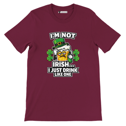 Funny St. Patrick's Day tee with beer mug character, shamrocks, and 'I'm Not Irish... I Just Drink Like One' text