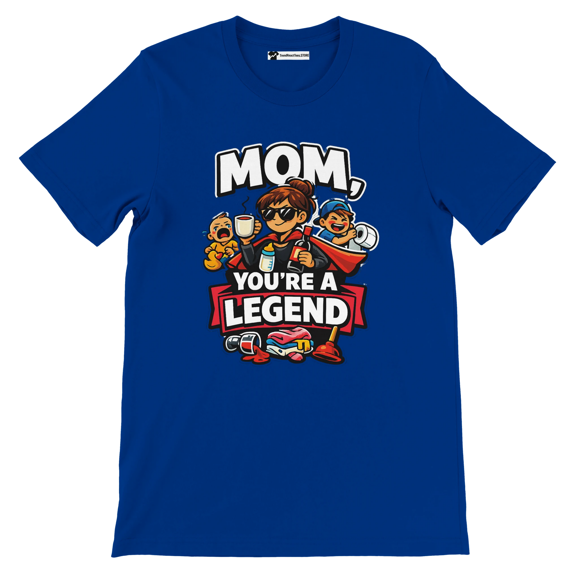 Blue anime aesthetic tee with cartoon mom, kids, and 'Mom, You're a Legend' quote design.