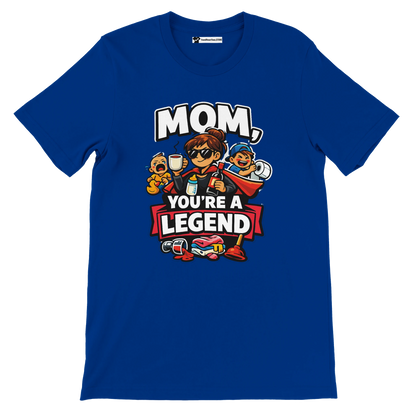 Blue anime aesthetic tee with cartoon mom, kids, and 'Mom, You're a Legend' quote design.