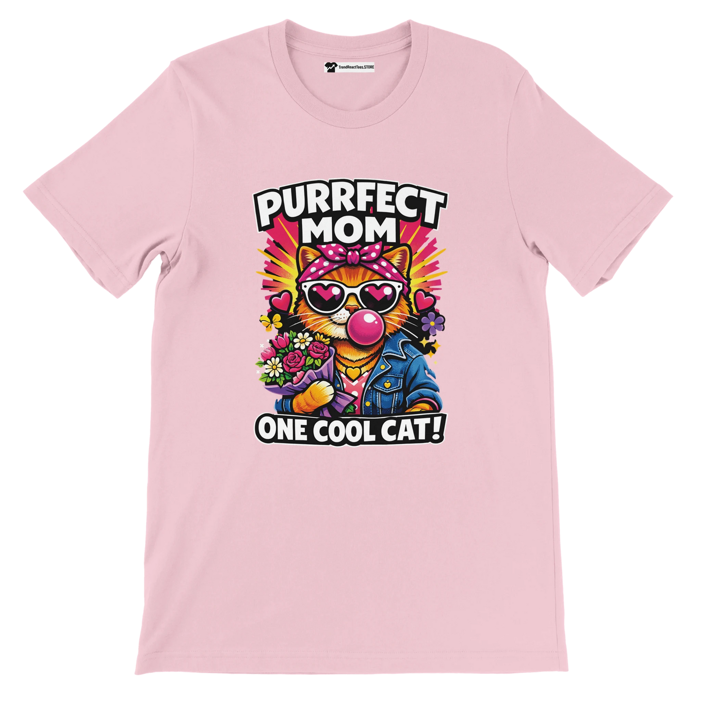 Pink t-shirt with cartoon cat in sunglasses, bouquet, and 'Purrfect Mom One Cool Cat' text