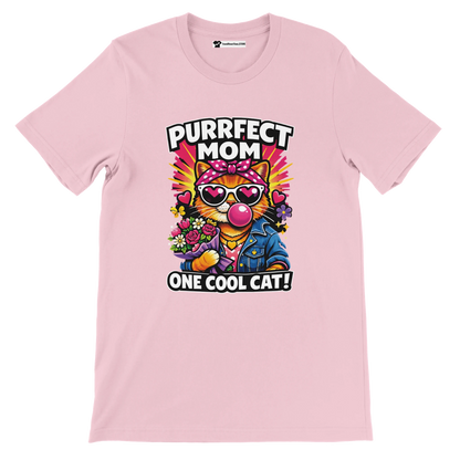 Pink t-shirt with cartoon cat in sunglasses, bouquet, and 'Purrfect Mom One Cool Cat' text