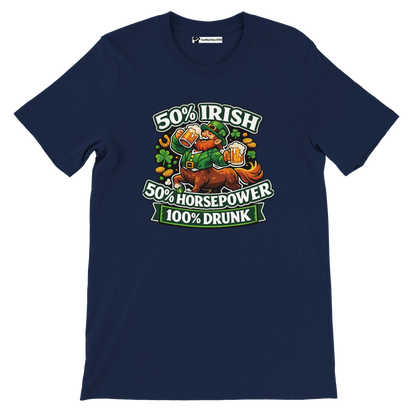 Navy blue St. Patrick's Day tee with leprechaun, beer, shamrocks, and '50% Irish 50% Horsepower 100% Drunk' text