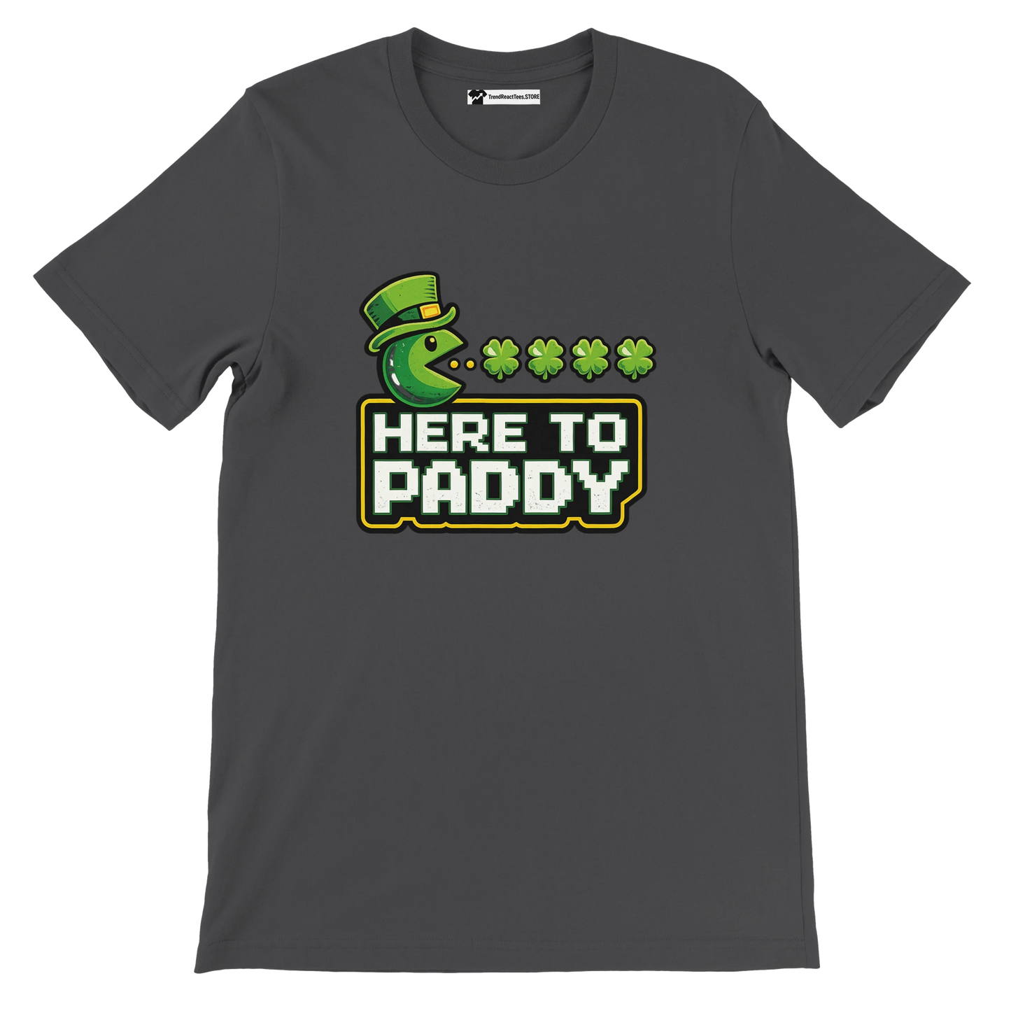 St. Patrick's Day Pac-Man graphic tee with 'Here to Paddy' text, shamrocks, and leprechaun hat on dark gray shirt