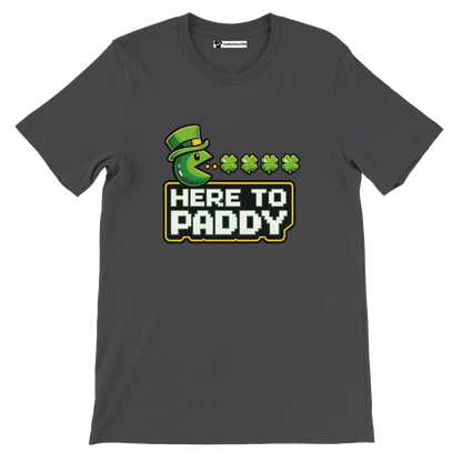 St. Patrick's Day Pac-Man graphic tee with 'Here to Paddy' text, shamrocks, and leprechaun hat on dark gray shirt
