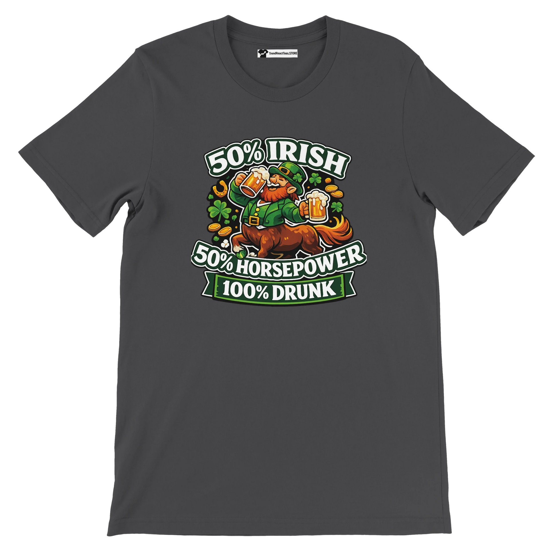 50% Irish 50% Horsepower 100% Drunk St. Patrick's Day tee with leprechaun, beer, shamrocks