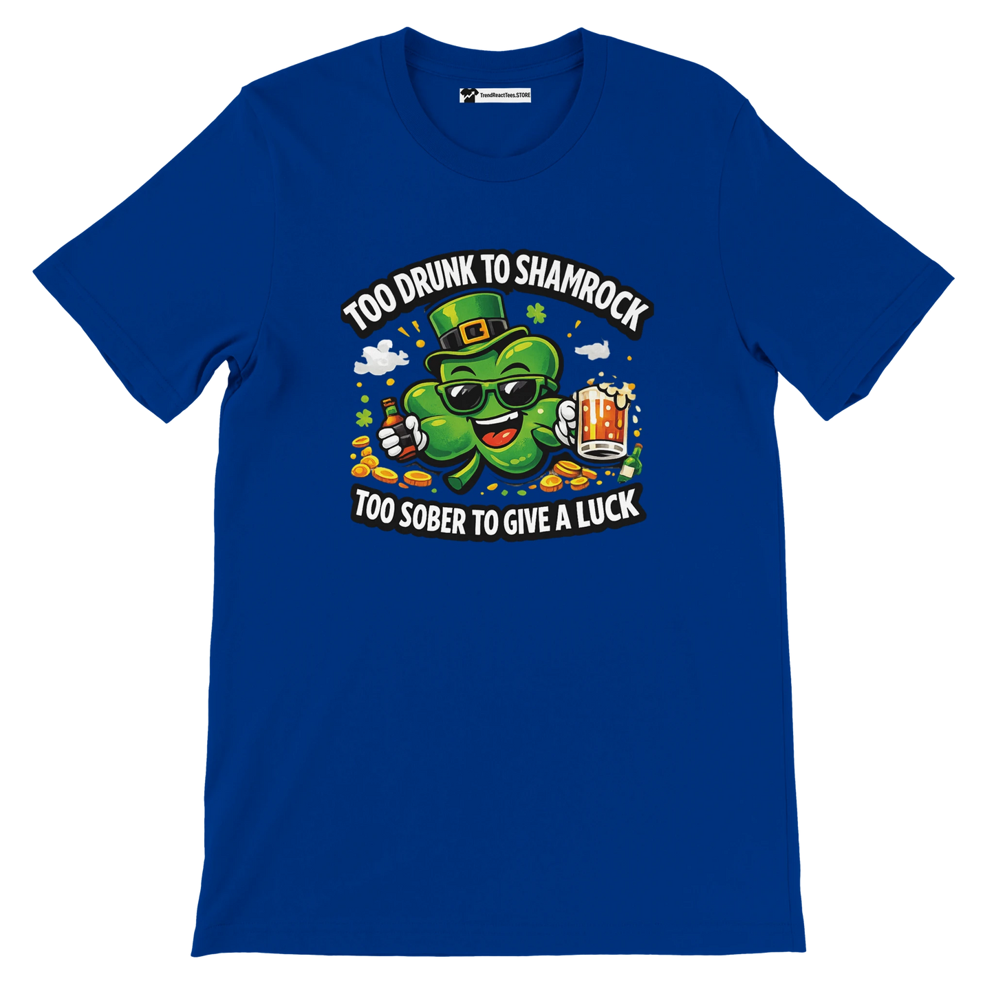 Blue St. Patrick’s Day t-shirt with shamrock cartoon, beer mug, coins, and festive quote