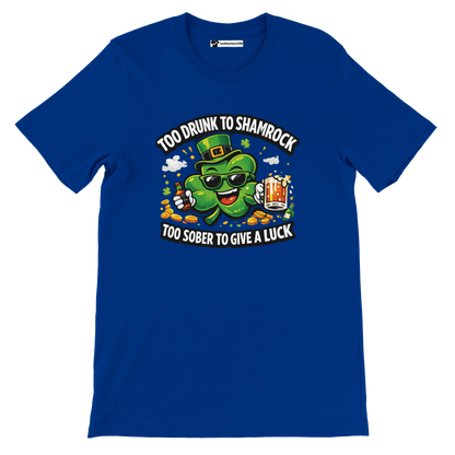 Blue St. Patrick’s Day t-shirt with shamrock cartoon, beer mug, coins, and festive quote