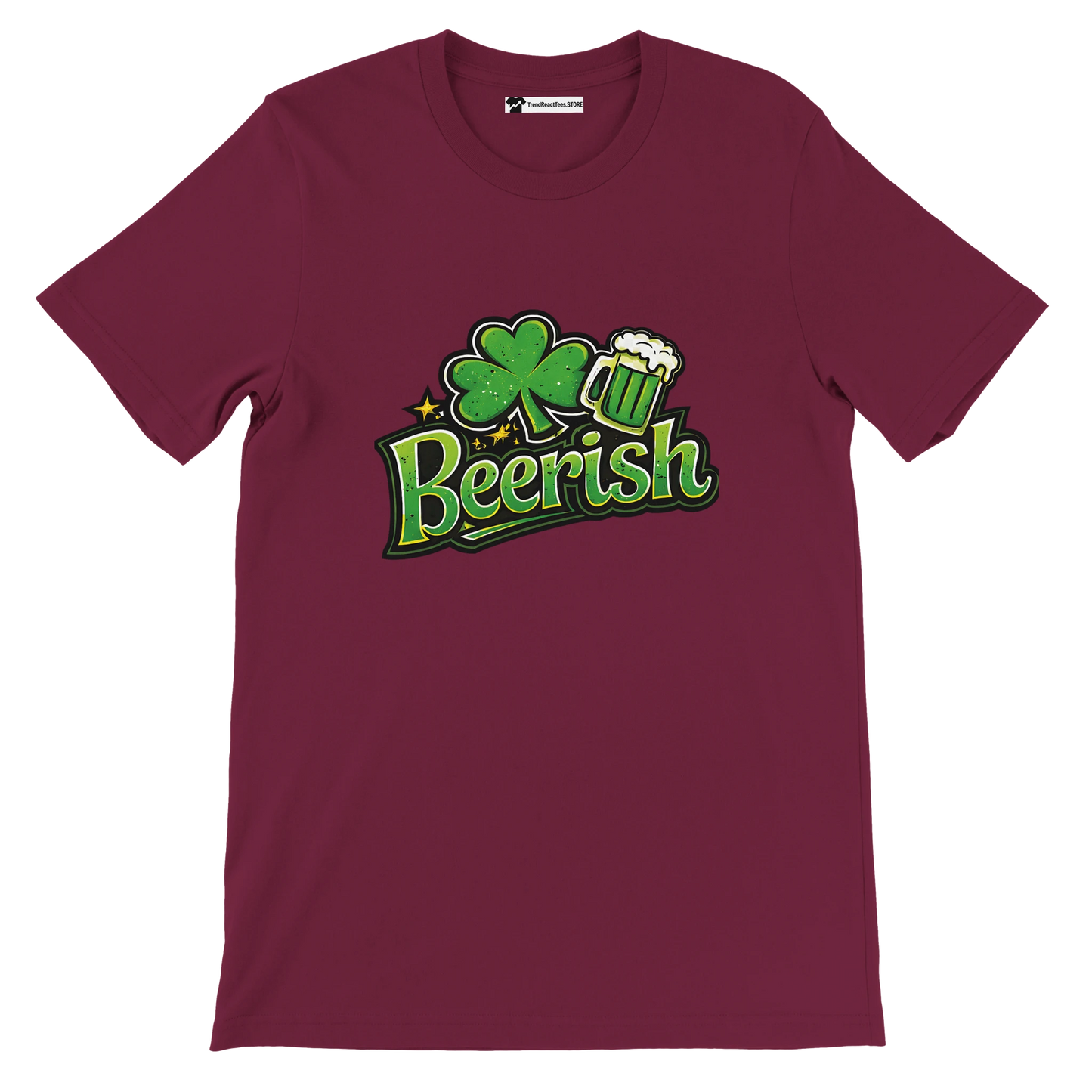 Maroon t-shirt with 'Beerish' text, shamrock, and beer mug design for St. Patrick's Day