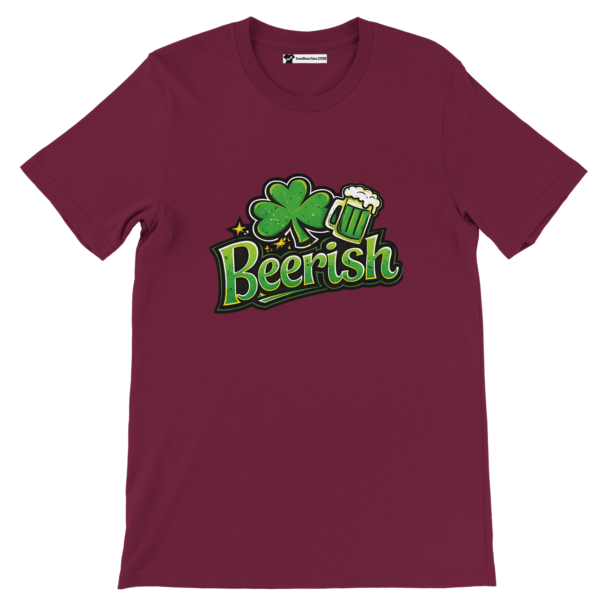 Maroon t-shirt with 'Beerish' text, shamrock, and beer mug design for St. Patrick's Day