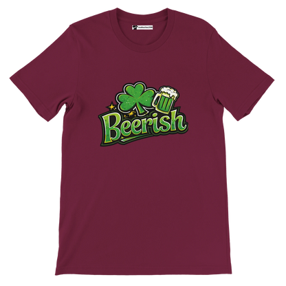 Maroon t-shirt with 'Beerish' text, shamrock, and beer mug design for St. Patrick's Day