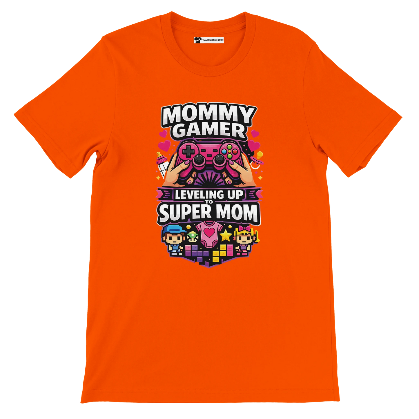 Orange t-shirt with 'Mommy Gamer Leveling Up to Super Mom' text and gaming graphics